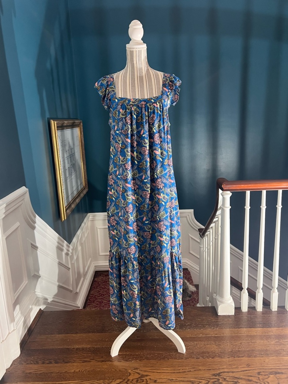Knox Rose Blue Floral Square-Neck Maxi Dress with Flutter Sleeves large D417